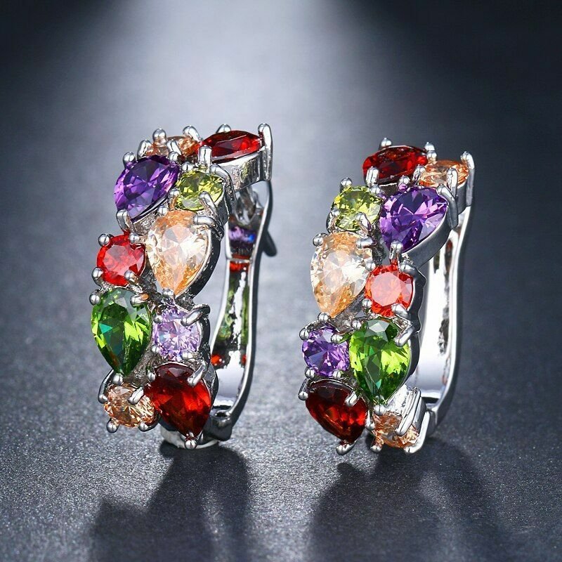 Ornamental Multicolor Garnet Stud Hoop Silver Earrings