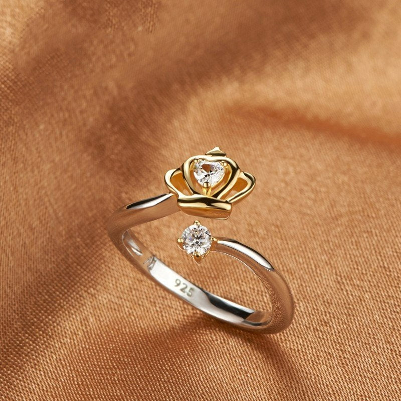 925 Sterling Silver Gold Queen Crown Open Ring