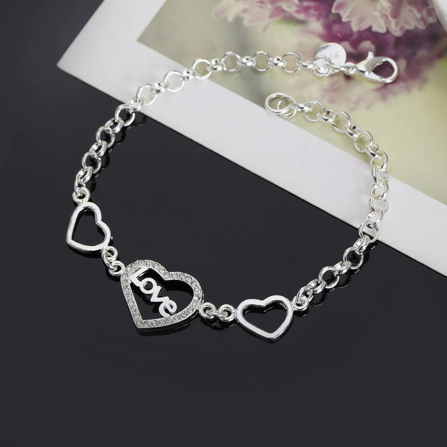 Love Hollow Heart Shaped 8.5" Sterling Silver Bracelet