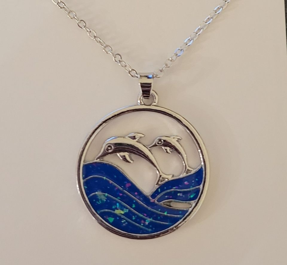 Blue Opal Dolphins Ocean Silver Necklace & Chain