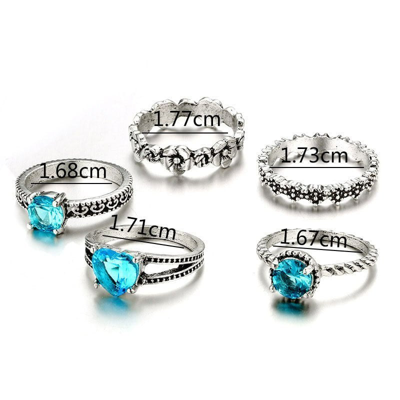 5pcs Vintage Flower Inlaid Blue Gemstone Heart Silver Ring Set