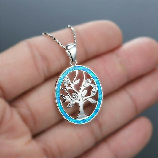 Blue Opal Tree Of Life Silver Necklace
