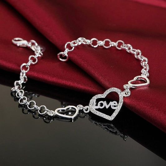 Love Hollow Heart Shaped 8.5" Sterling Silver Bracelet