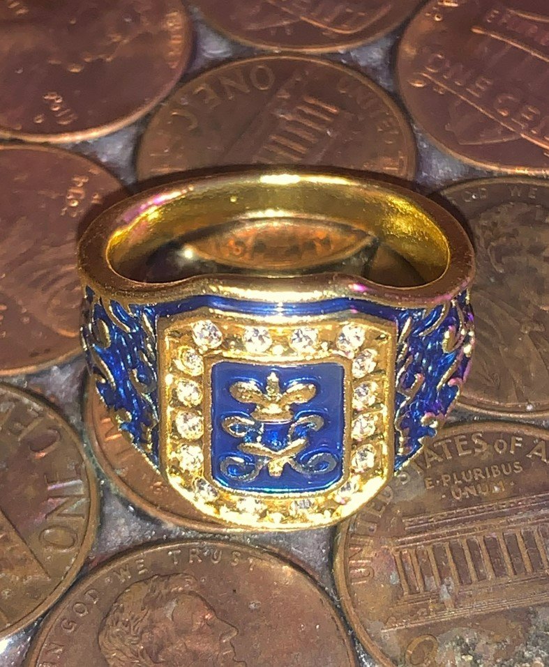 Men's Vintage Handmade Blue Enamel Engraved Gold Art Deco Ring