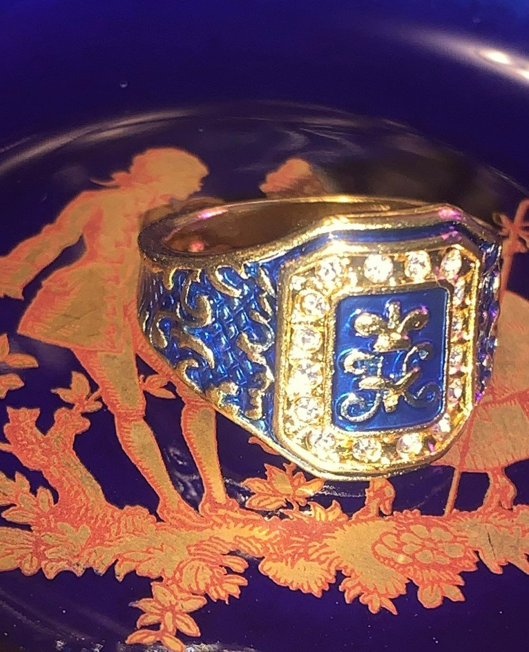 Men's Vintage Handmade Blue Enamel Engraved Gold Art Deco Ring
