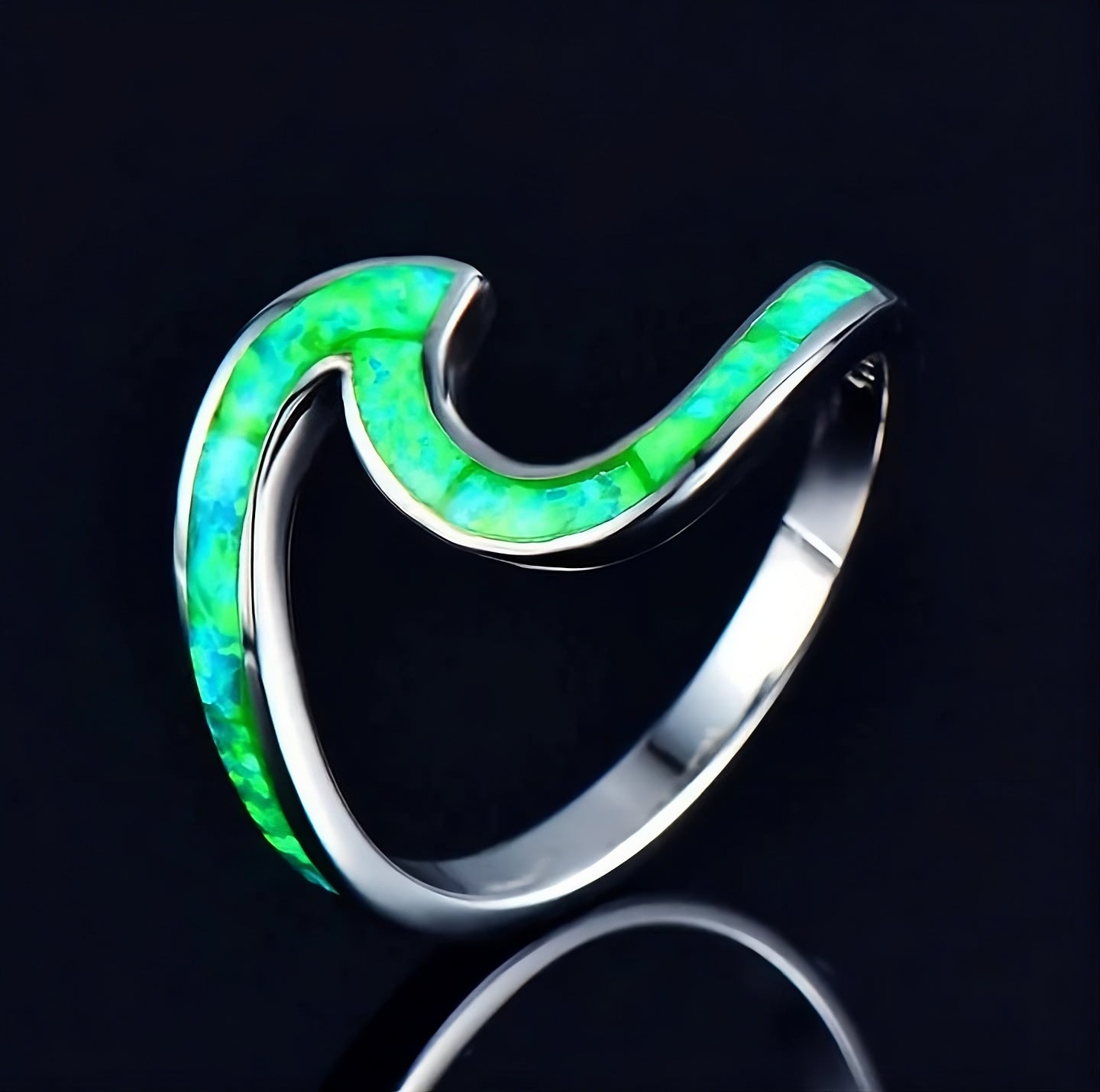 Unique Green Opal Wave Silver Ring