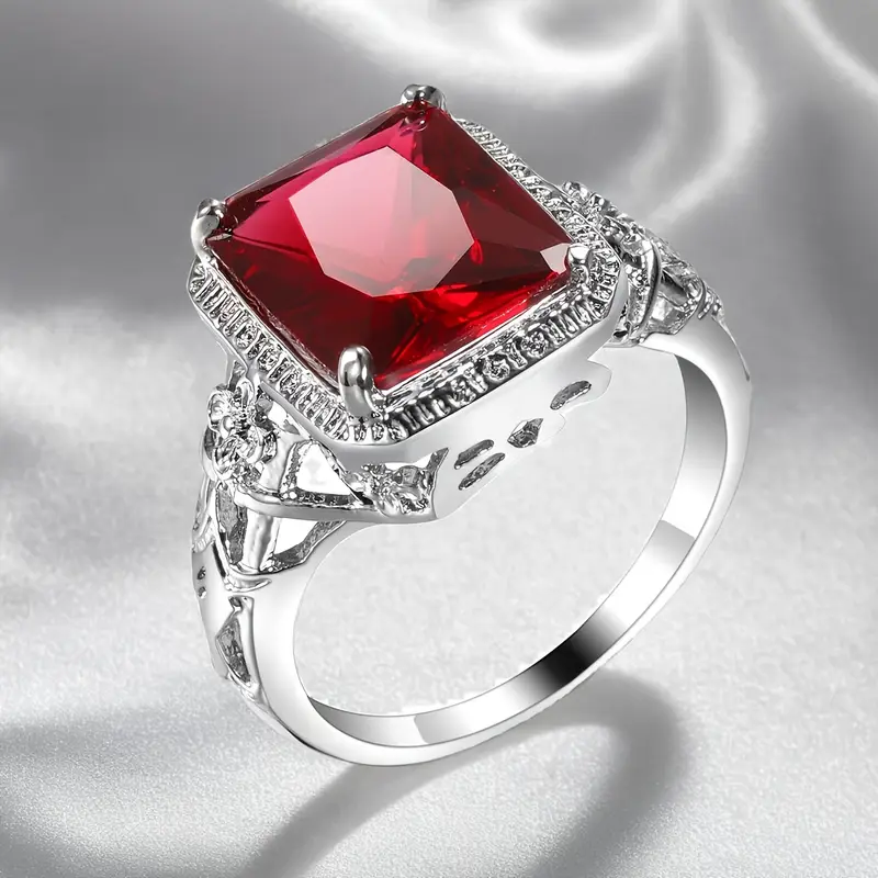 925 Sterling Silver Ruby Red Hollow Ring