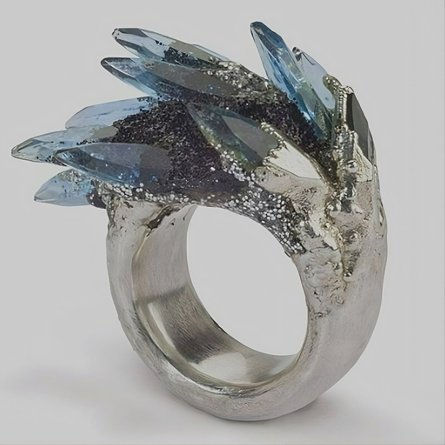 Gothic Silver Ring with Spiky Blue Crystals
