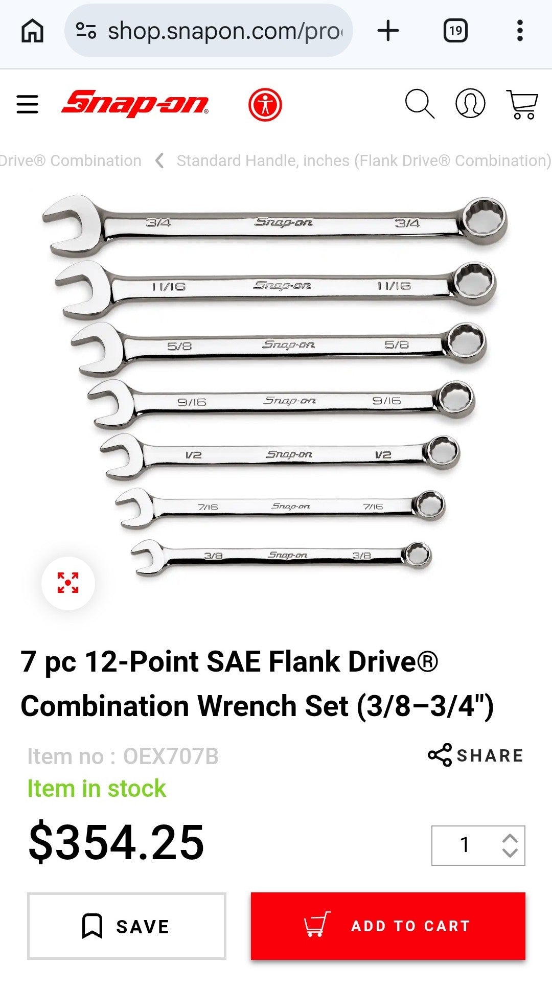 Snap-on 7pc SAE Wrench Set 3/8-3/4 OEX707B