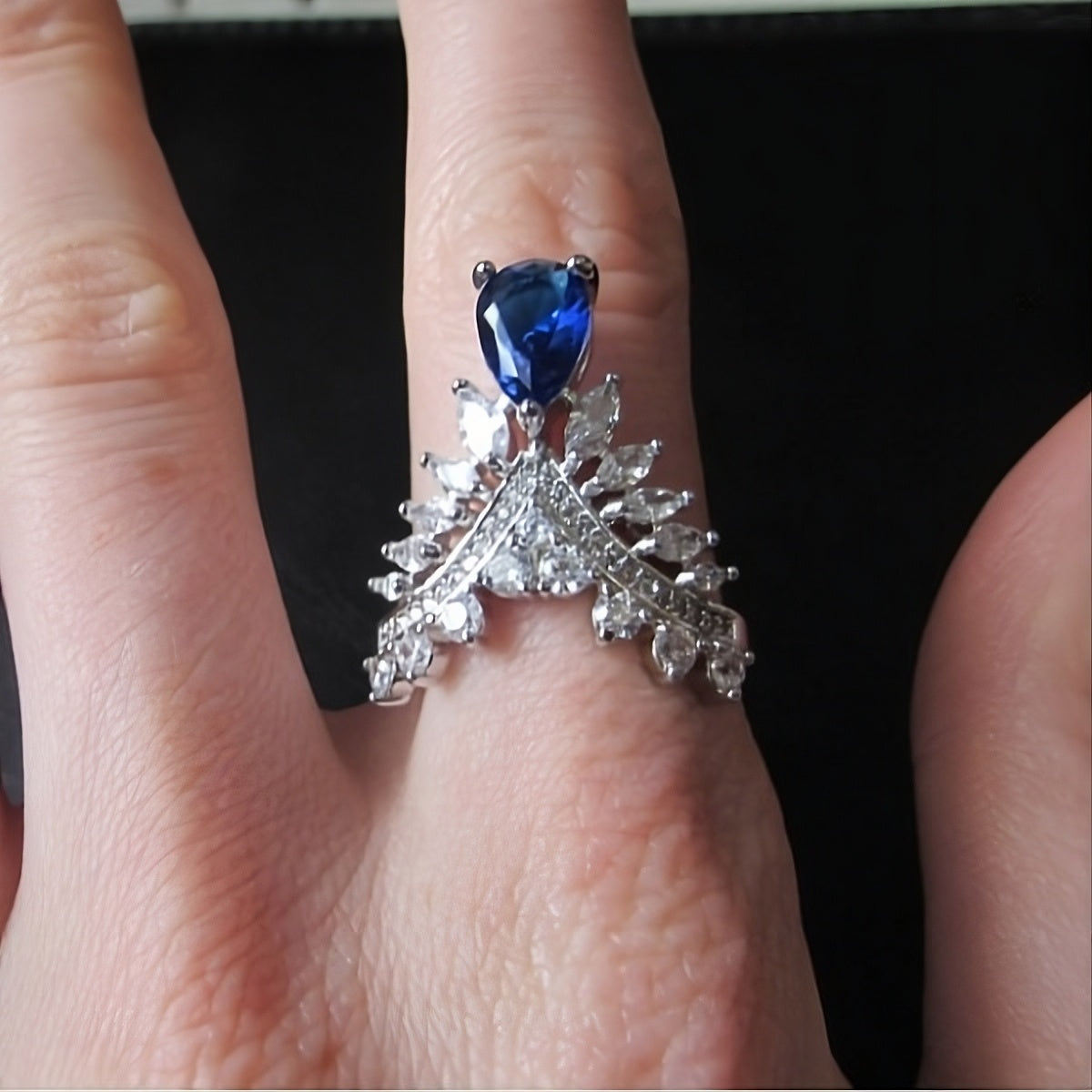 Blue Sapphire Pear Cut Crown Unique Silver Ring