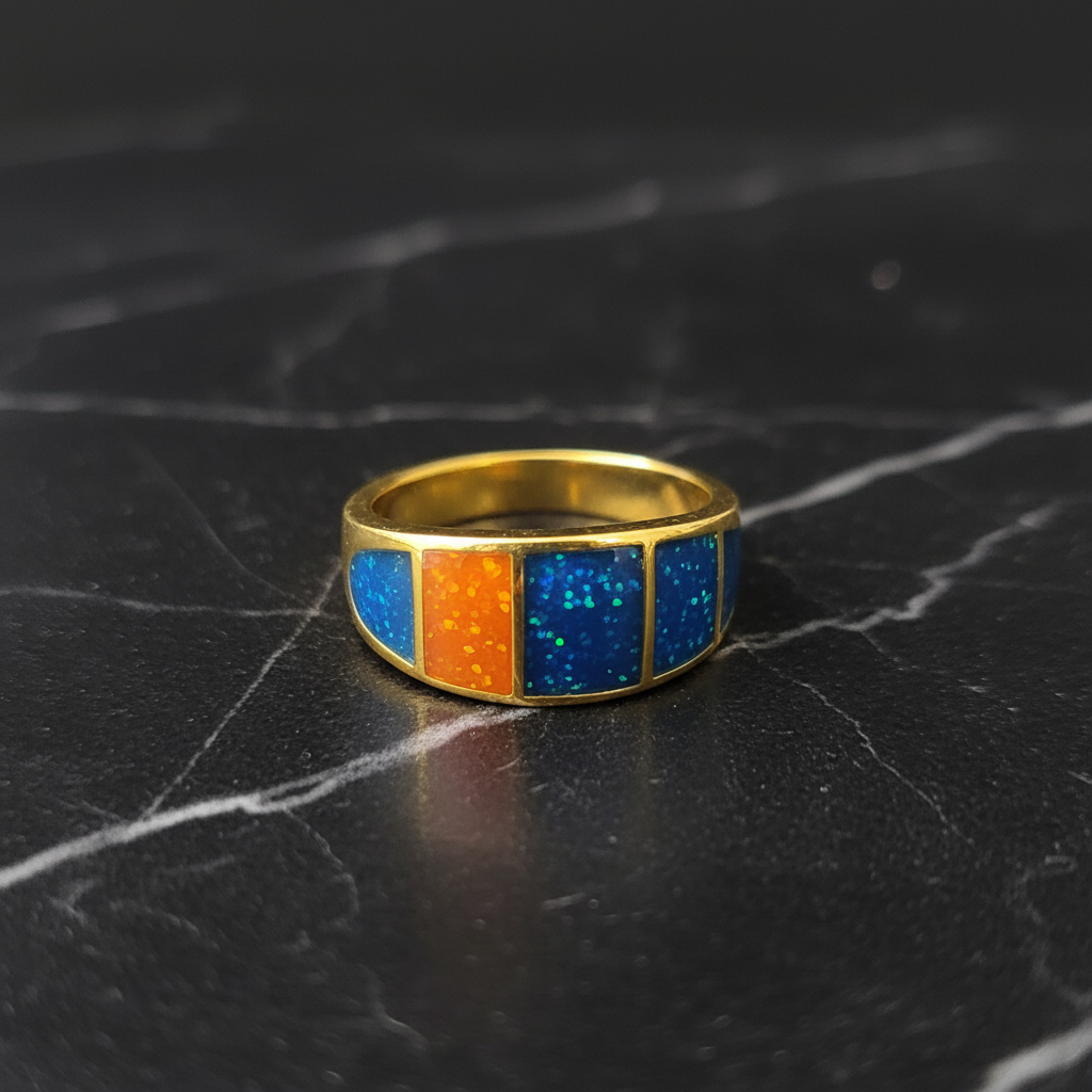 Gold Tone Multi-Panel Blue & Orange Fire Opal Inlay Band Ring