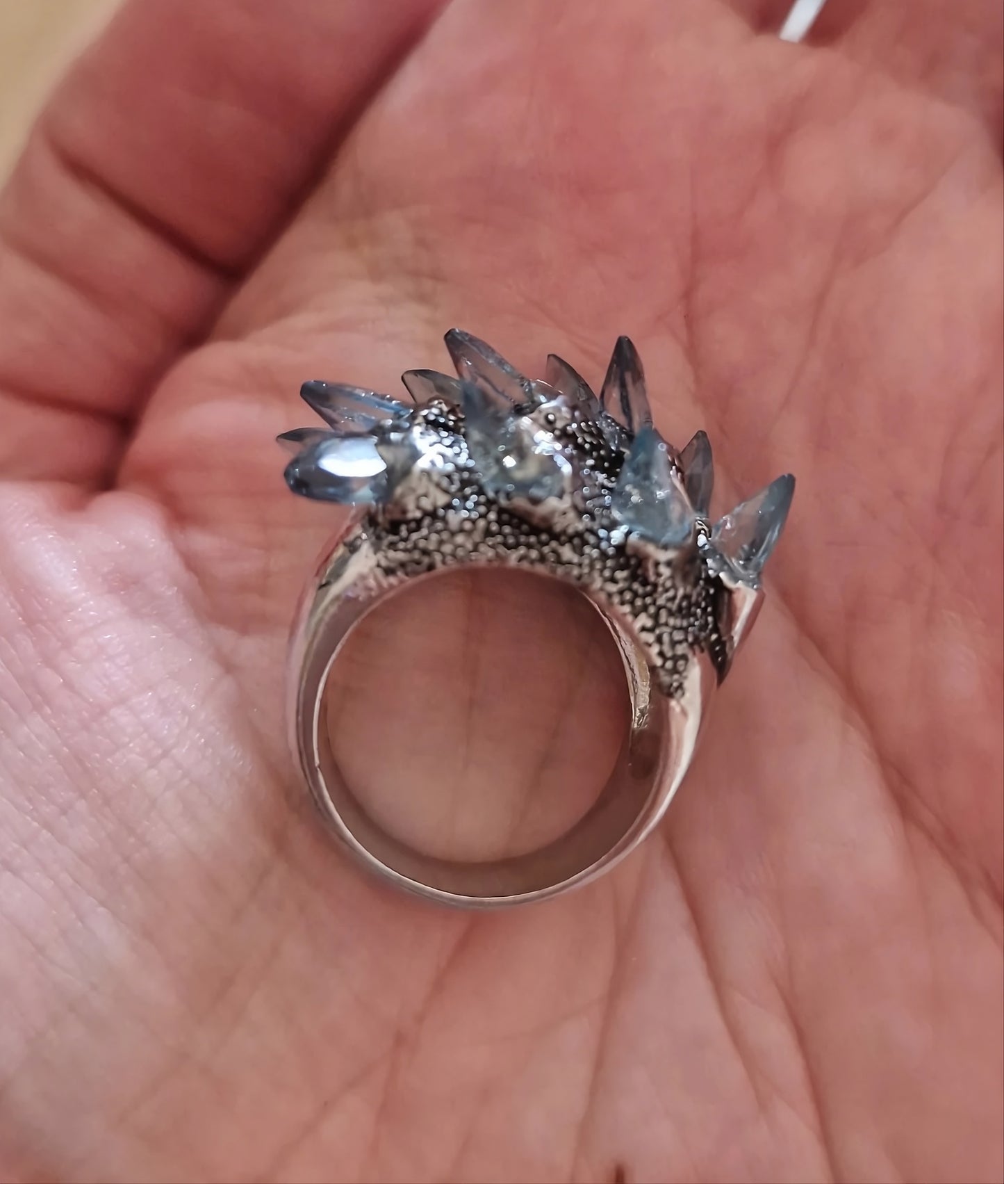 Gothic Silver Ring with Spiky Blue Crystals
