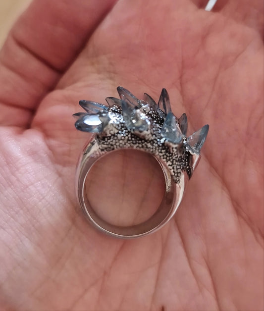 Gothic Silver Ring with Spiky Blue Crystals