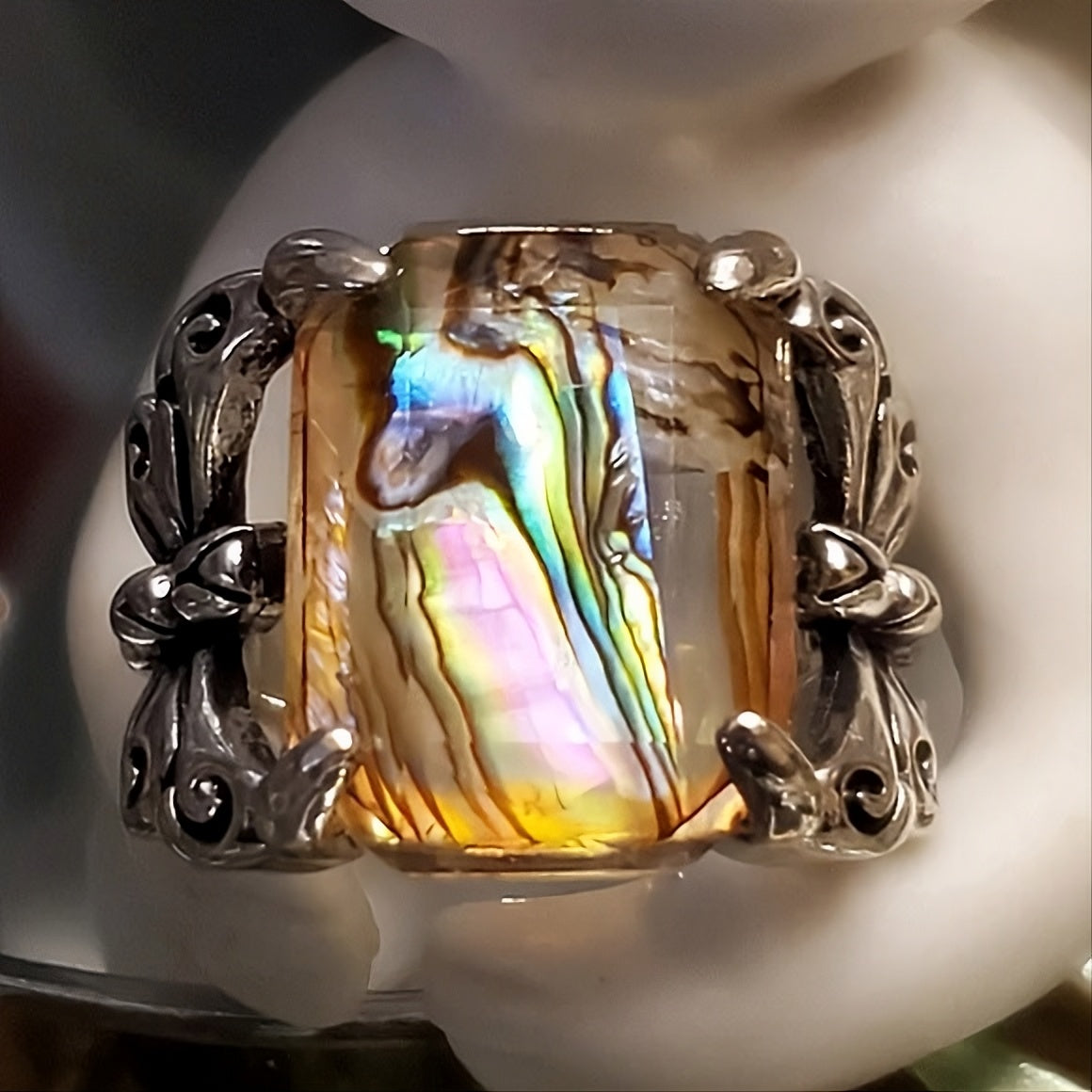 Vintage Distressed Colorful Shell Butterfly Antique Silver Ring