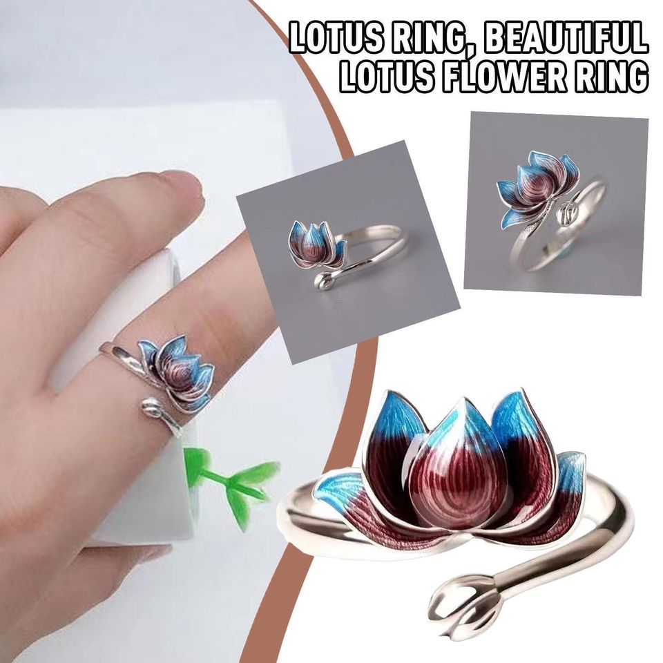 Sterling Silver Lotus Flower Open Colorful Glaze Enamel Ring