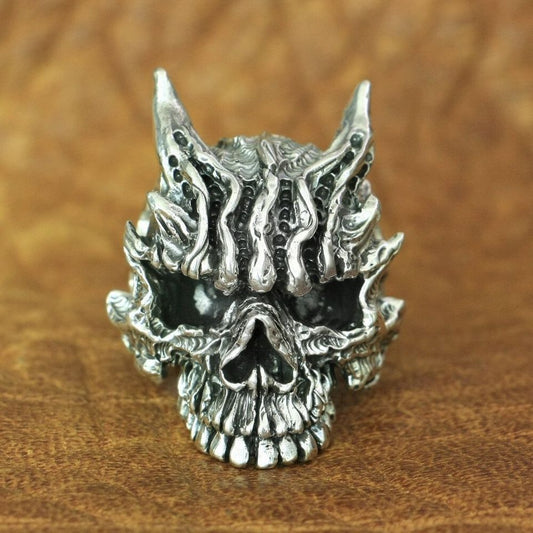 Men's Gothic Black Asura Skull Silver Open Biker Ring