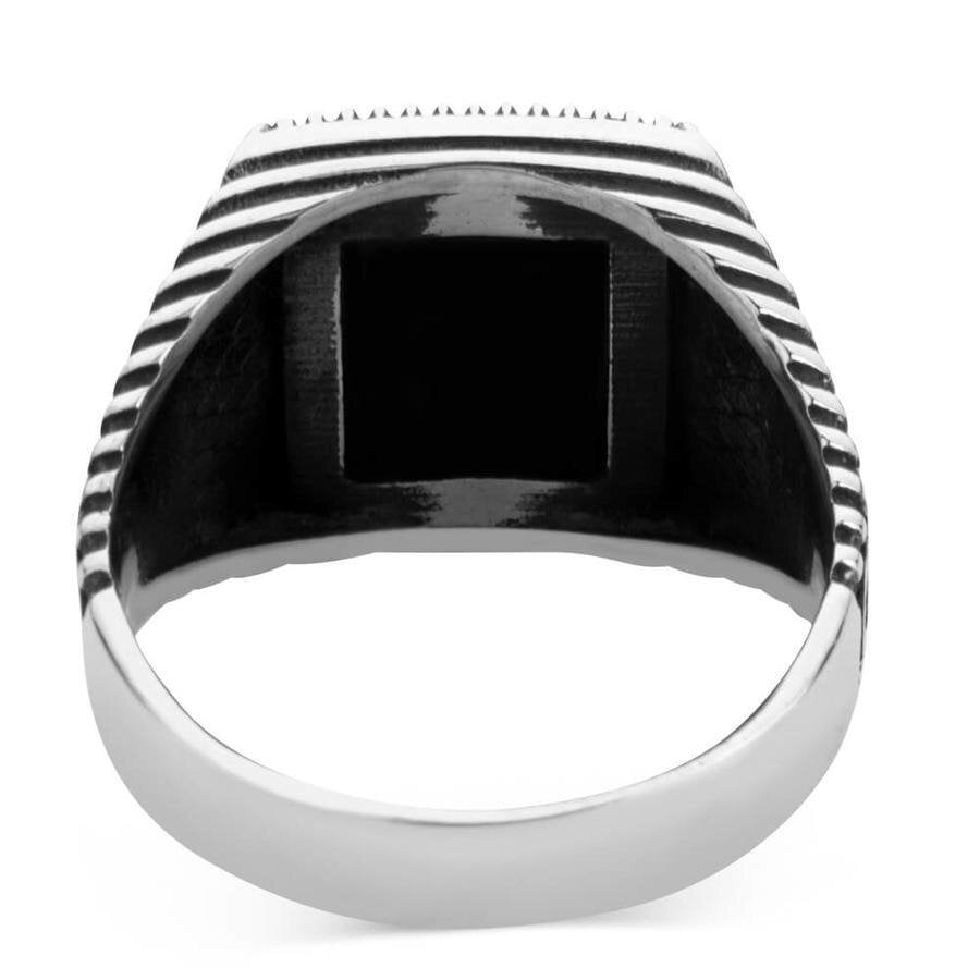 Men's Black Onyx Domineering Geometric Open Silver Ring