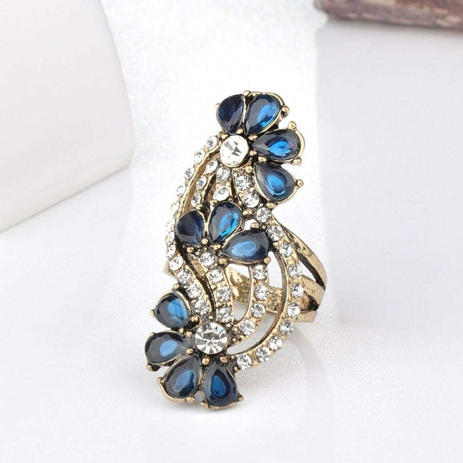 Big Vintage Blue Floral Antique Gold Bohemian Ring