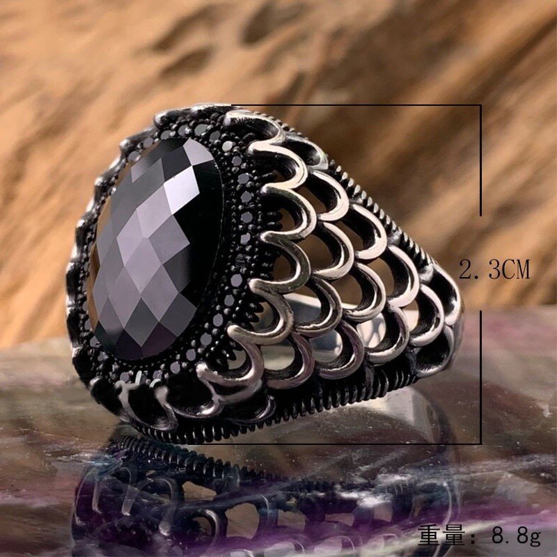 Men's Black Agate Gemstone Hollowed Out Antique Silver Ring