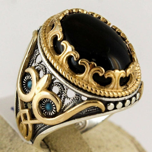 Men's Turkish Handmade Two Tone Black Zircon Vintage Ring