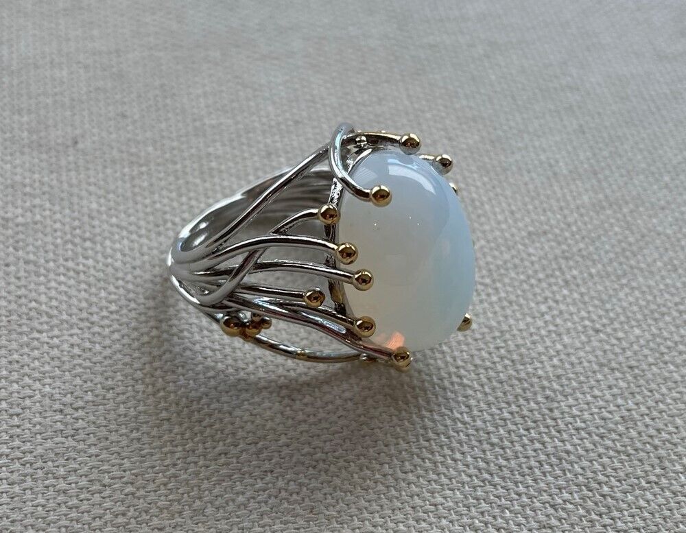 Big Geometric White Moonstone Vintage Silver Ring