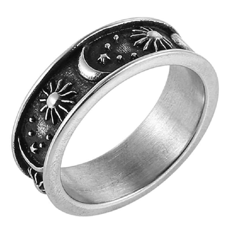 Vintage Moon Star Sun Statement Retro Silver Boho Ring