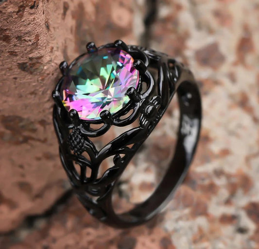 Vintage Black Mystic Rainbow Hollow Sterling Silver Art Deco Ring