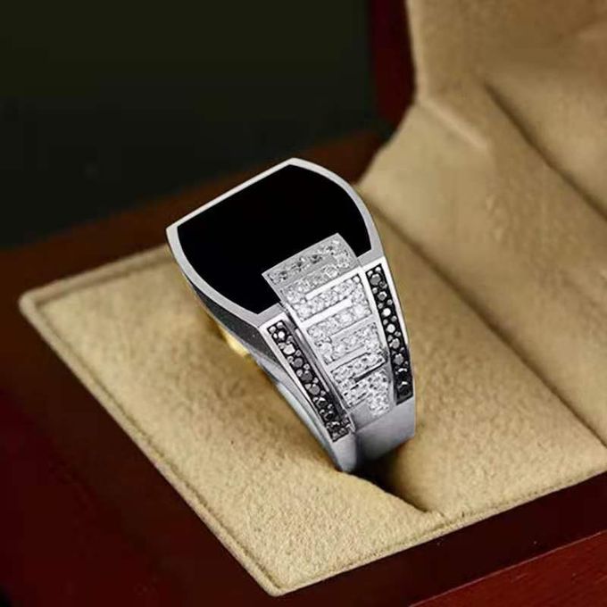 Men's Classic Anillos Black Inlaid Zircon Silver Ring