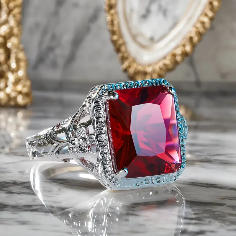 925 Sterling Silver Ruby Red Hollow Ring