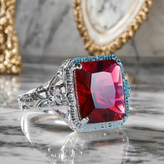 925 Sterling Silver Ruby Red Hollow Ring