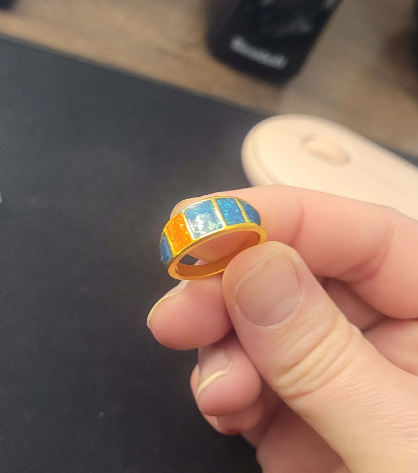 Gold Tone Multi-Panel Blue & Orange Fire Opal Inlay Band Ring