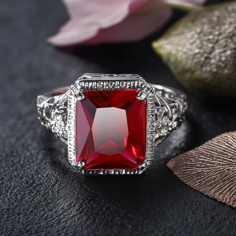 925 Sterling Silver Ruby Red Hollow Ring