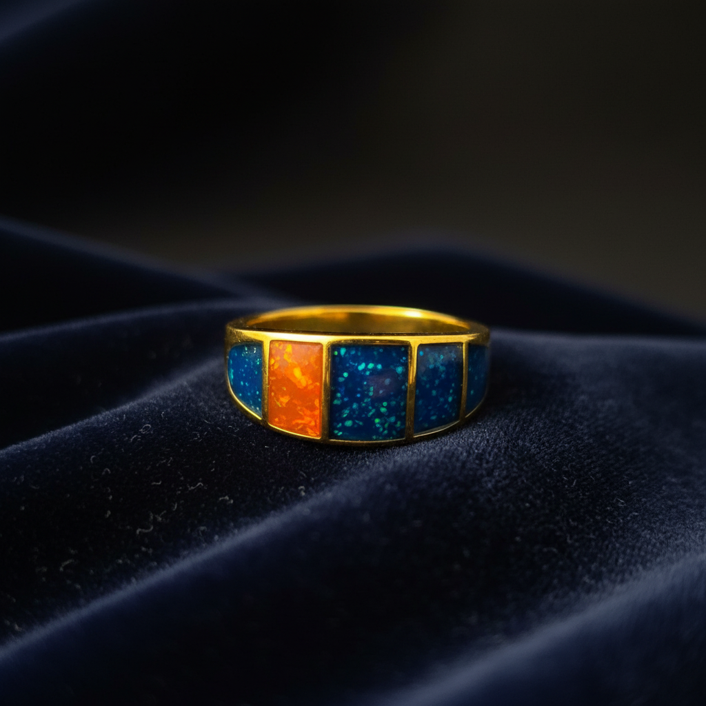 Gold Tone Multi-Panel Blue & Orange Fire Opal Inlay Band Ring