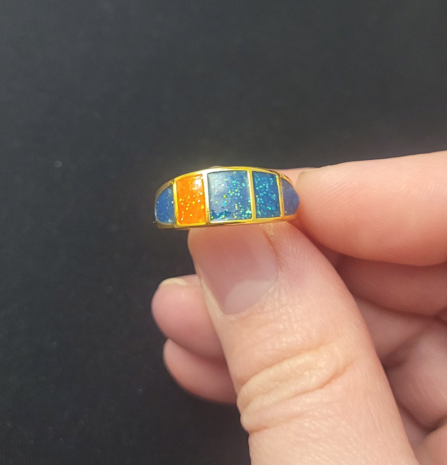 Gold Tone Multi-Panel Blue & Orange Fire Opal Inlay Band Ring