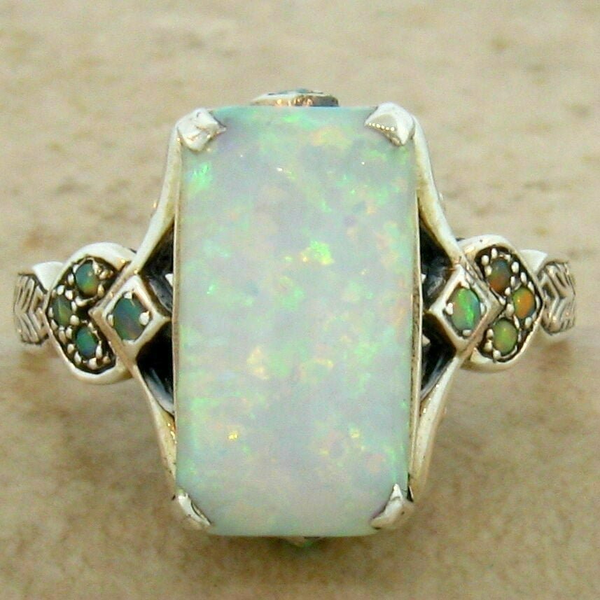 Victorian Style Square White Fire Opal Silver Ring