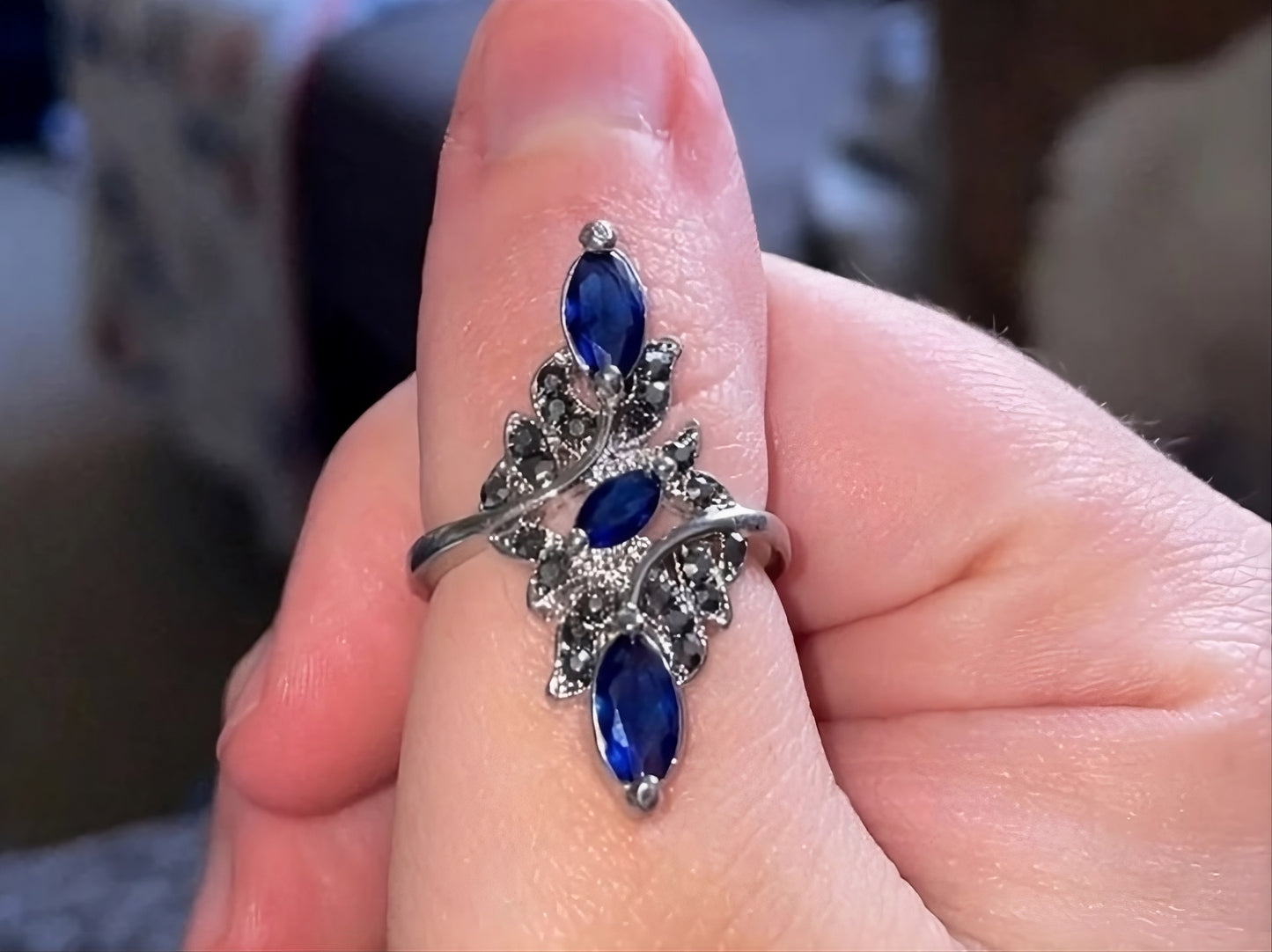 Vintage Faux Blue Sapphire Antique Silver Art Deco Ring