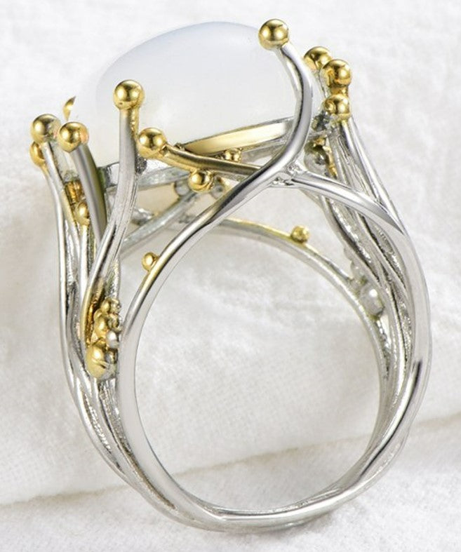 Big Geometric White Moonstone Vintage Silver Ring