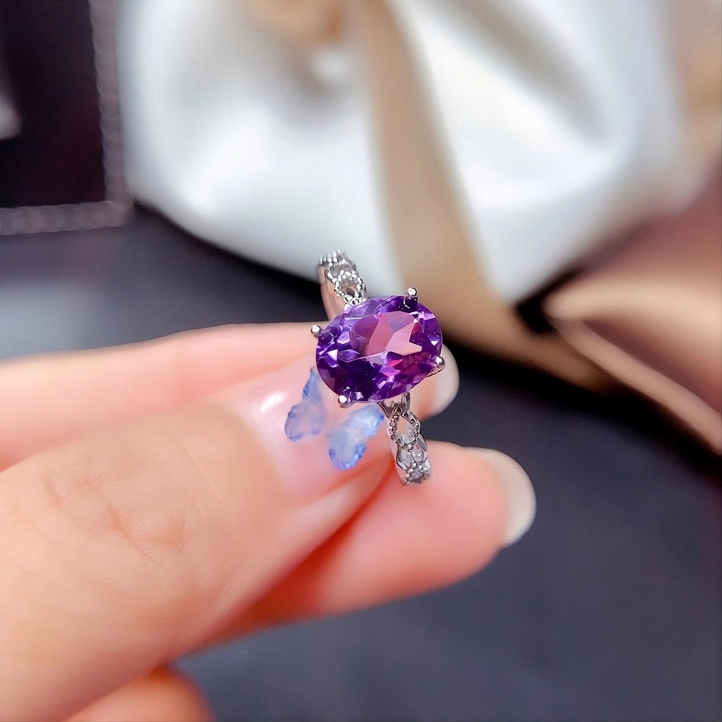 Purple CZ Solitaire 925 Sterling Silver Hollow Band Ring for Women