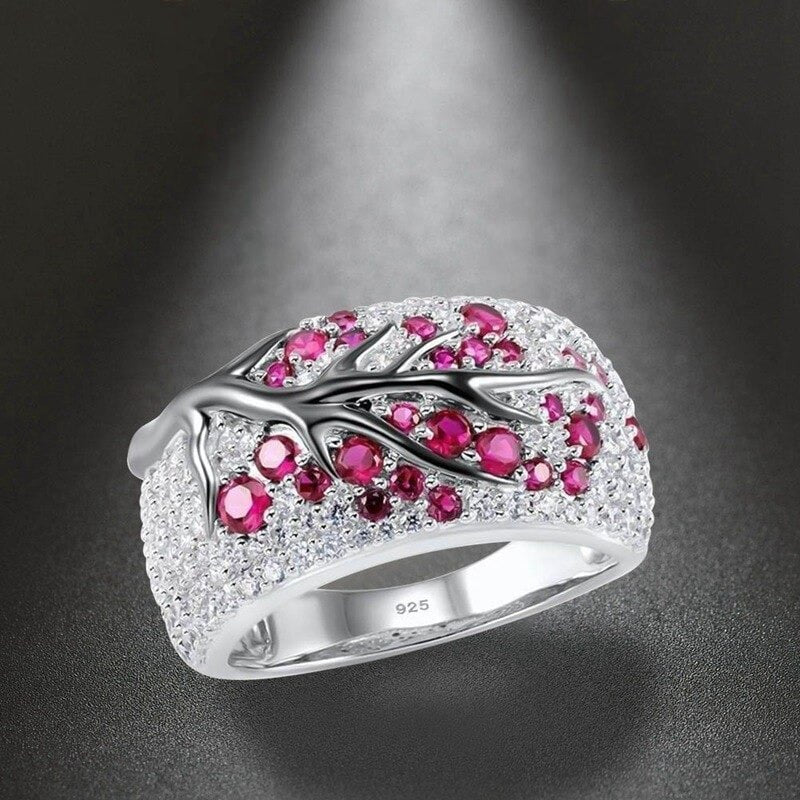 925 Sterling Silver Pink Tree Branch Leaves Blossom Ring