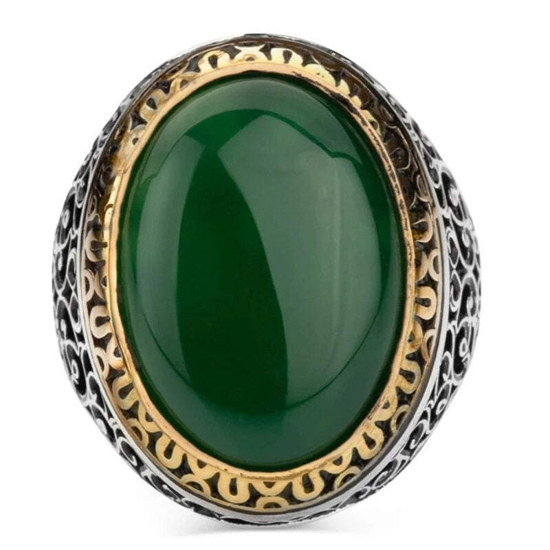 Men's Vintage Green Onyx Hollow Silver Turkish Ring