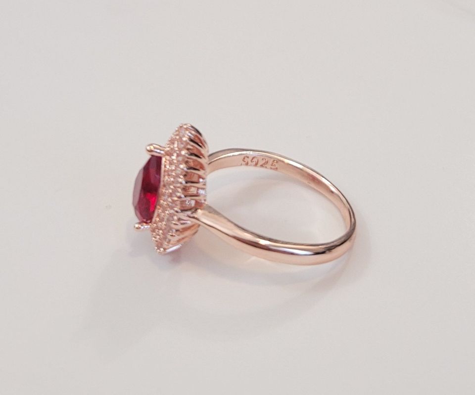 Sterling Silver Ruby Red Teardrop Rose Gold Plated Ring