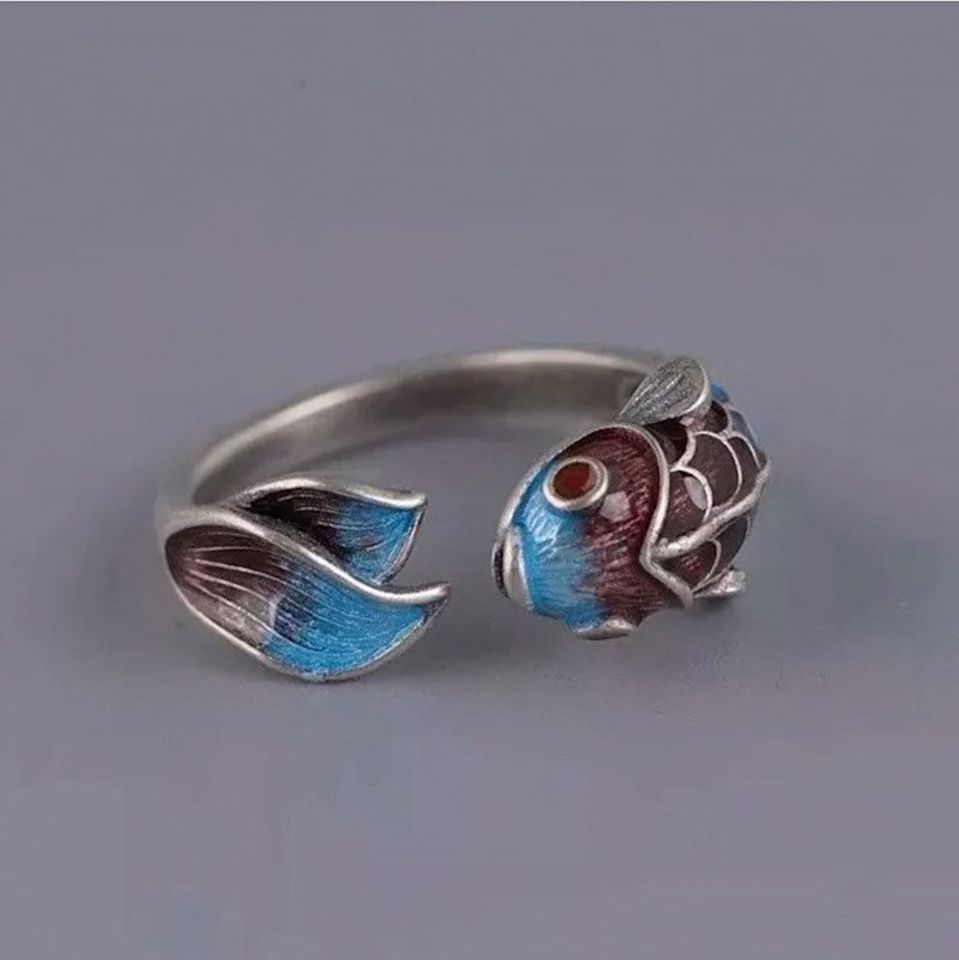 Sterling Silver Open Colorful Fish Glaze Enamel Ring