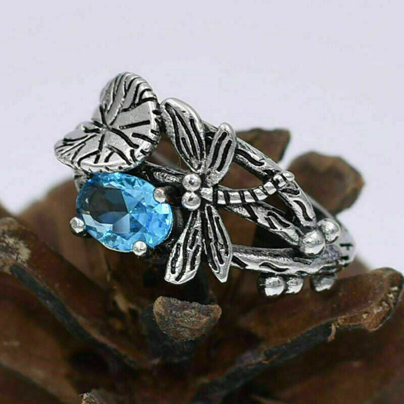 Retro Vintage Leaf Dragonfly Blue Crystal Silver Ring