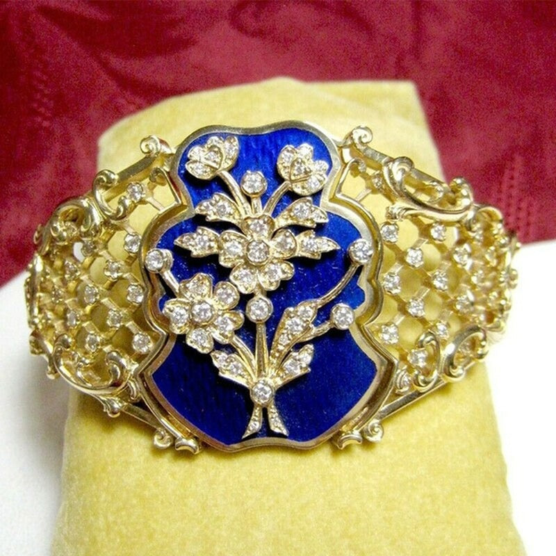 925 Silver Filled Handmade Blue Enamel Flower Art Deco Ring