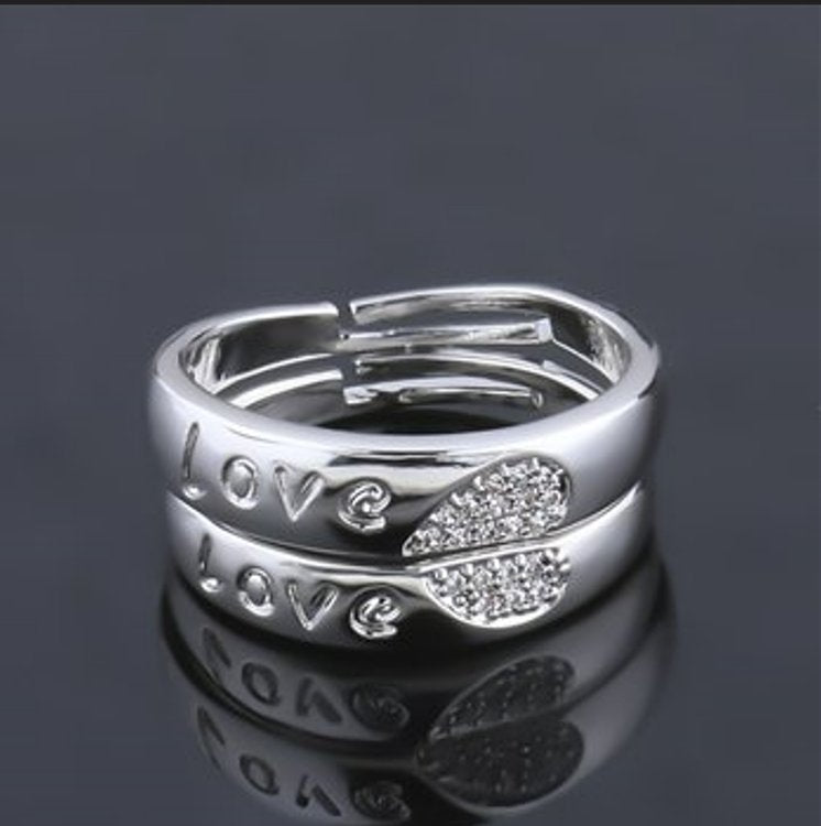 2pcs Sterling Silver Matching Heart Love Open Couple Rings