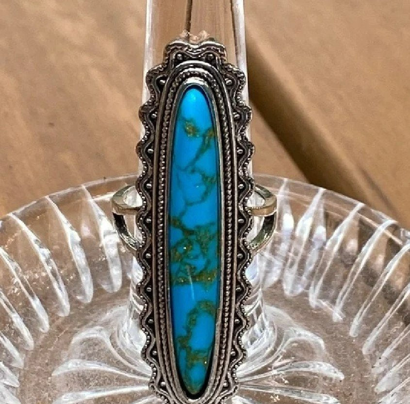 Long Vintage Blue Turquoise Antique Silver Ring