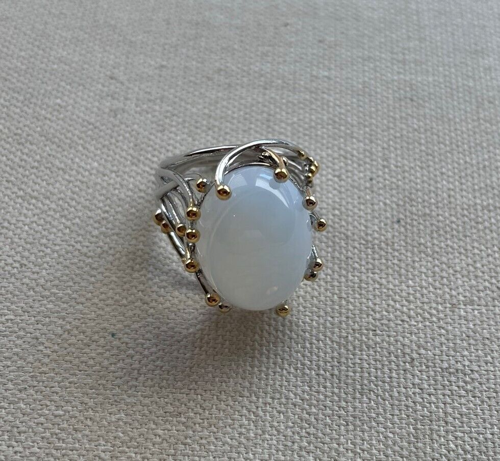 Big Geometric White Moonstone Vintage Silver Ring
