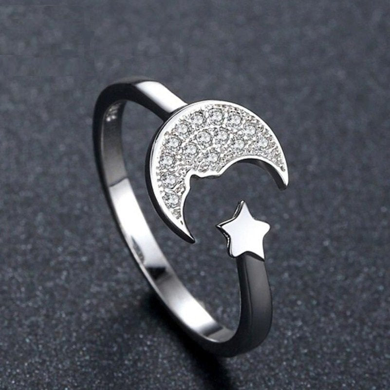 Sterling Silver Creative Personality Moon And Stars Open Ring