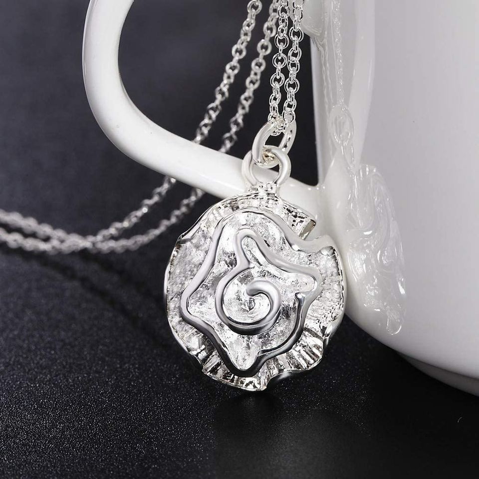 Classic Rose Sterling Silver Pendant Necklace Earrings & Chain Set