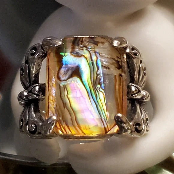 Vintage Distressed Colorful Shell Butterfly Antique Silver Ring
